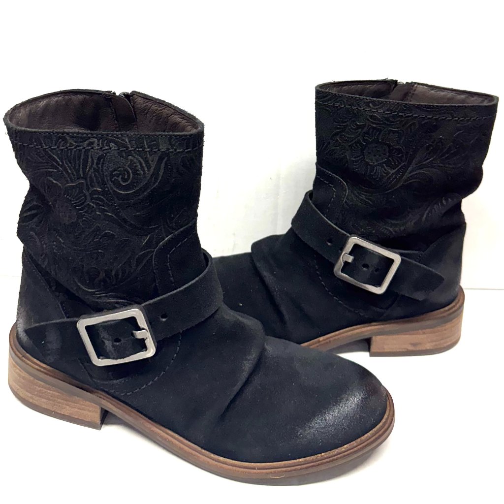 Miz Mooz Suede Printed Leather Boot Side Buckle 37eu / 7us Black Z-69